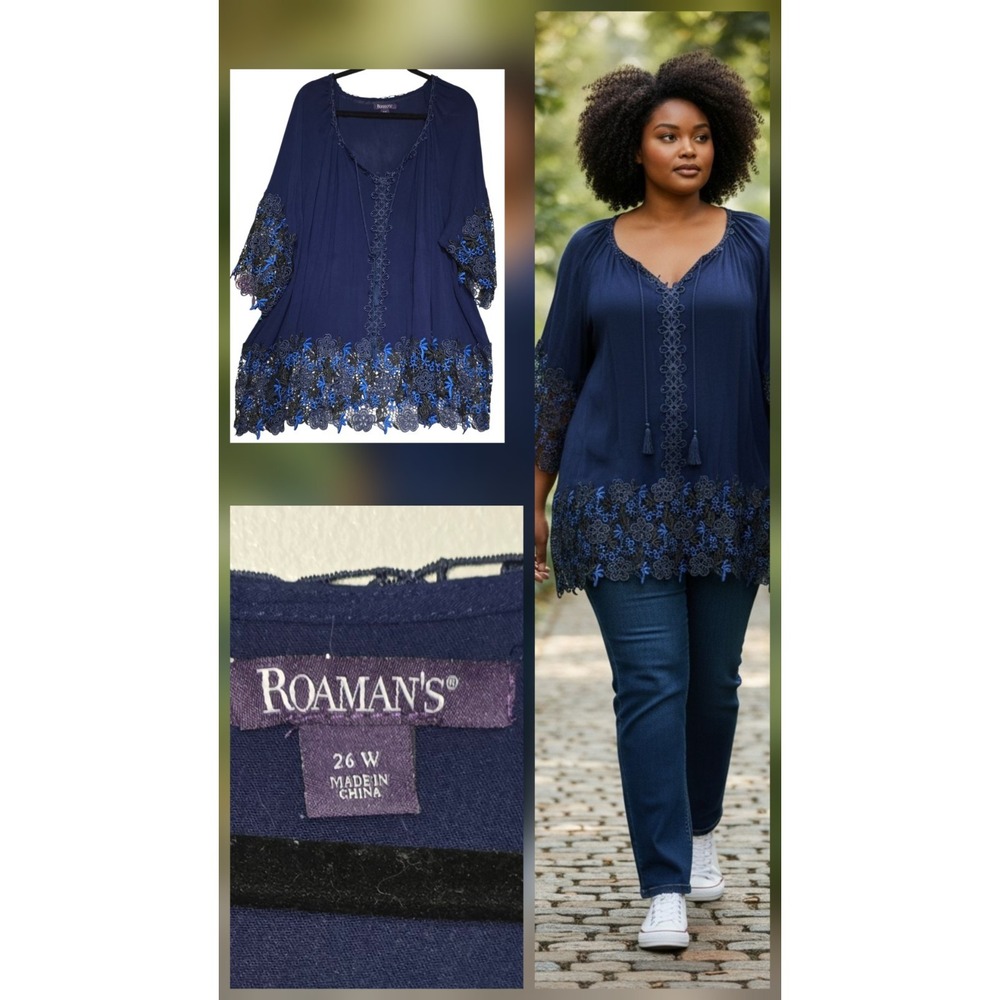 Roaman's Navy Blue Lace Trim Tunic Blouse Top Plus Size 26W Rayon Boho Crochet